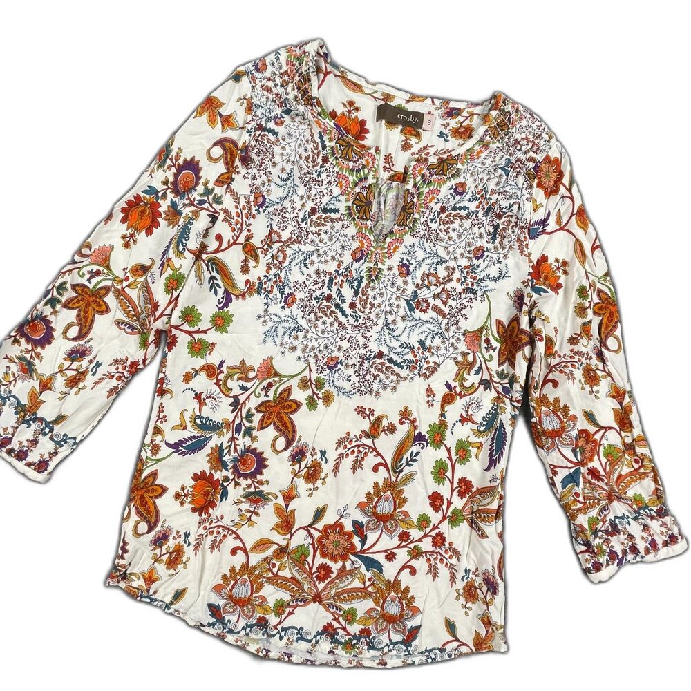 Crosby Bazaar Patchwork Boho Peasant Blouse Small Floral Paisley Tunic Top